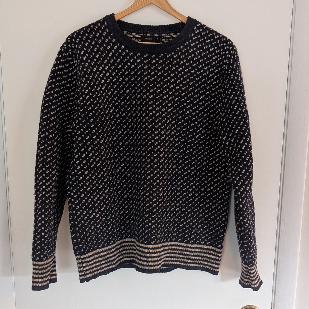 J. Crew Men’s Navy Cream Rugged Birdseye Lambswool Crewneck Sweater Size M